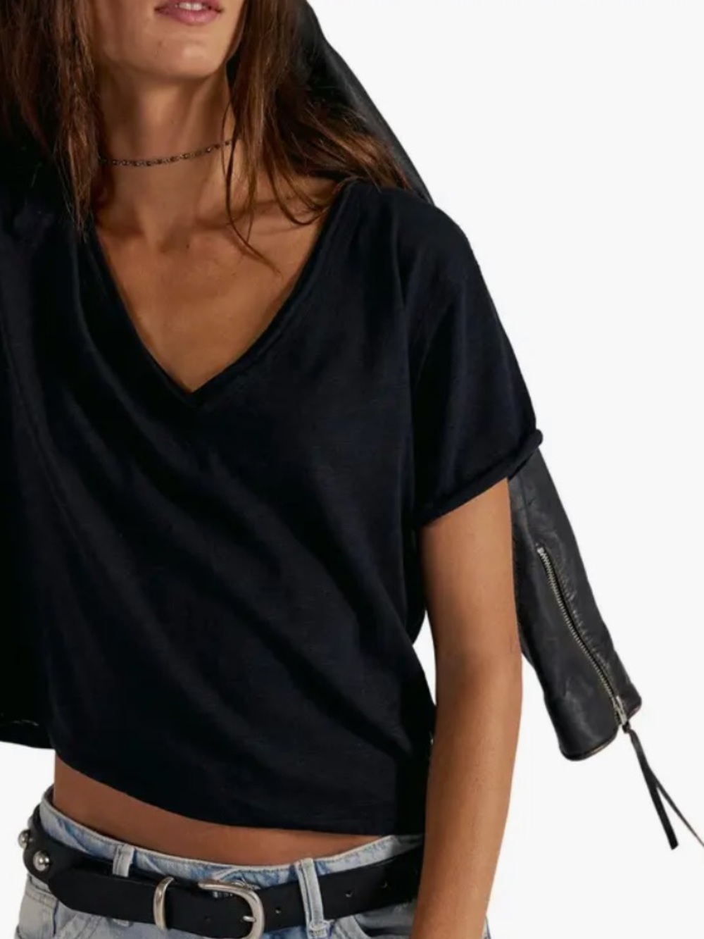 Free People Black Deep V Short Sleeve Tee Top NWT